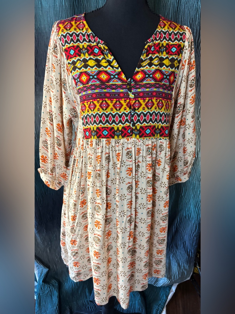 Umgee Boho Embroidered V-Neck Floral Tunic Dress